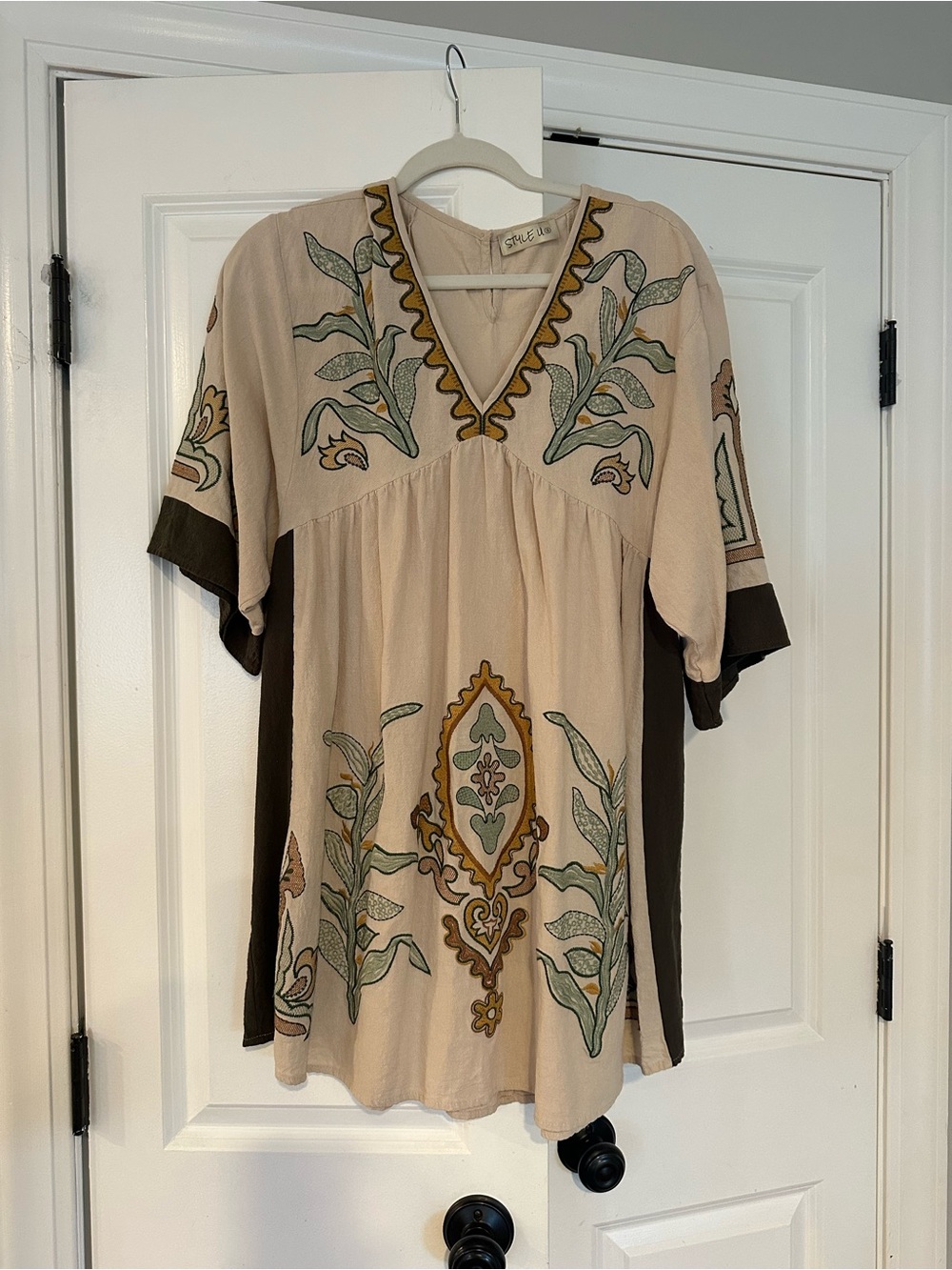 Beige Dress with Olive and Mustard Embroidery